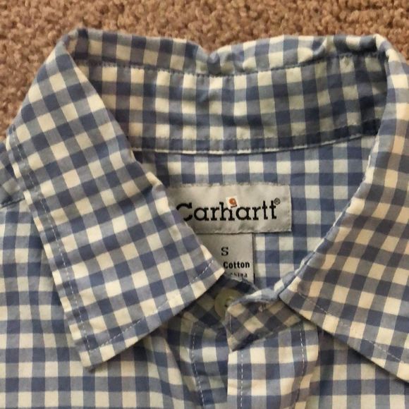 Carhartt- blue and white plaid button down short sleeve- small - Picture 2 of 8